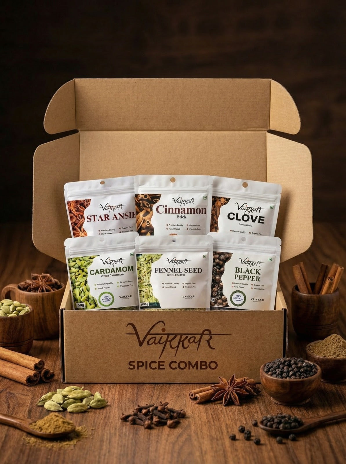 Premium Kerala Idukki Spices Combo (6 set) (15g Each) – Cardamom, Black Pepper, Clove, Cinnamon, Star Anise & Fennel Seed