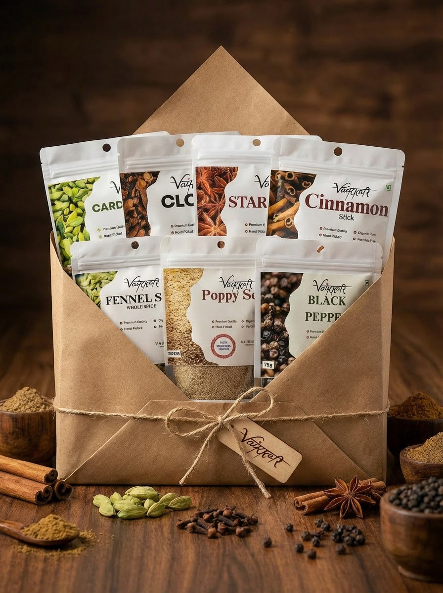 Premium Whole Spices Combo (7 set) (15g Each) – Cardamom, Black Pepper, Clove, Cinnamon, Star Anise, Fennel & Poppy Seed